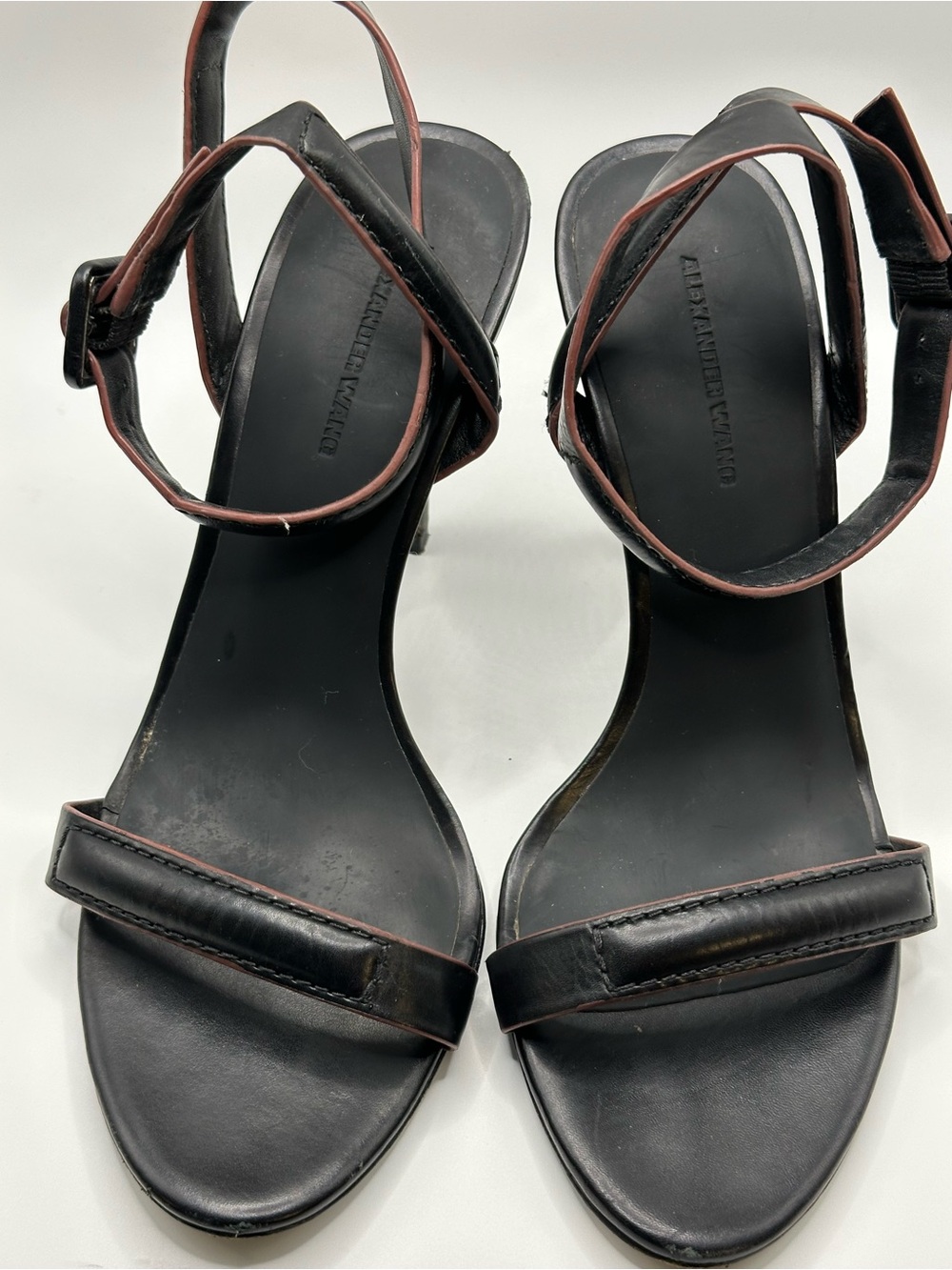 Alexander Wang Black Leather Ankle-Strap Heels with Brown Edge Detail